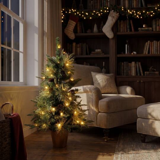 Nearly Natural 3ft. Pre-Lit Artificial Snowed Mixed Pine & Pinecone Christmas Tree in Gold Decorative Planter, Warm White LED lights
